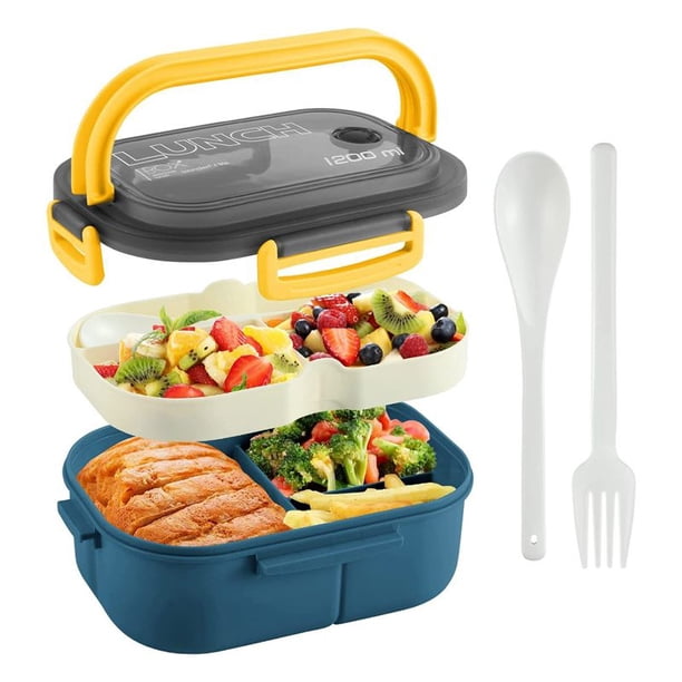 Fiambrera para Adultos Bento Box, Fiambrera de Doble Capa de 1200ML con Cuchara y Tenedor, Contenedores de Alimentos de Alta Capacidad, una Prueba de Fugas