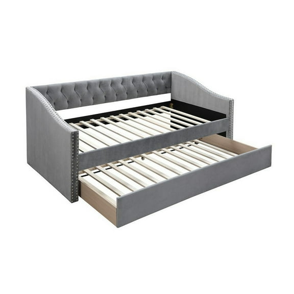 Benjara Ann Modern Wood Day Bed with Trundle, Straight Tufted Back, Gray Burlap