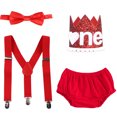 thumbnail image 2 of IBTOM CASTLE Baby Boys First Birthday Outfit Jungle Wild ONE Diaper Cover Pants + Suspenders + Bow Tie + Headband Cake Smash Clothes Set for Photo Shoot 3-24 Months Red, 2 of 8