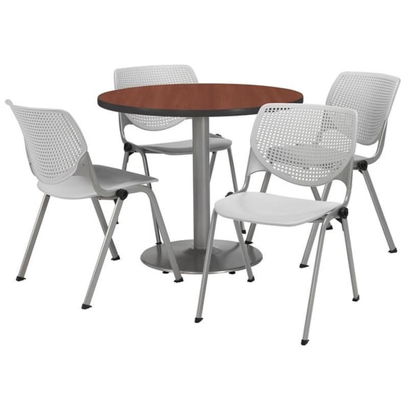 KFI Studios Mode Round 3.5' Dining Table Set, Light Grey, 4 Mahogany KOOL Chairs