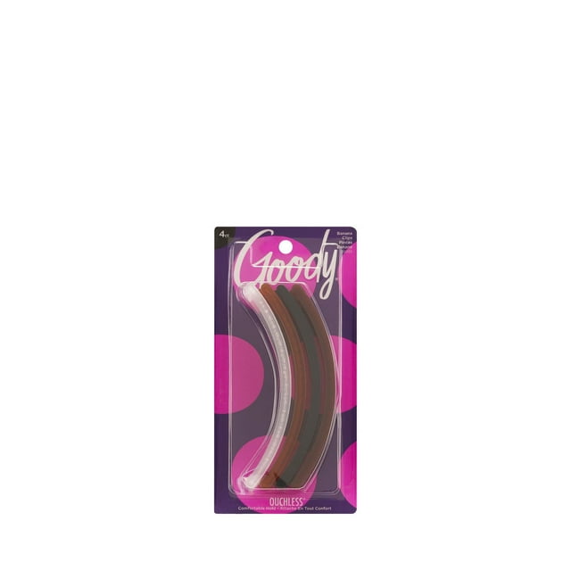 Four GOODY banana hair clips in clear, brown, and black colors on branded purple packaging with pink dots.