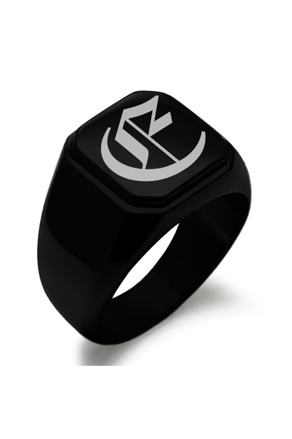 Stainless Steel Letter E Initial Old English Monogram Engraved Engraved Square Flat Top Biker Style Polished Signet Ring
