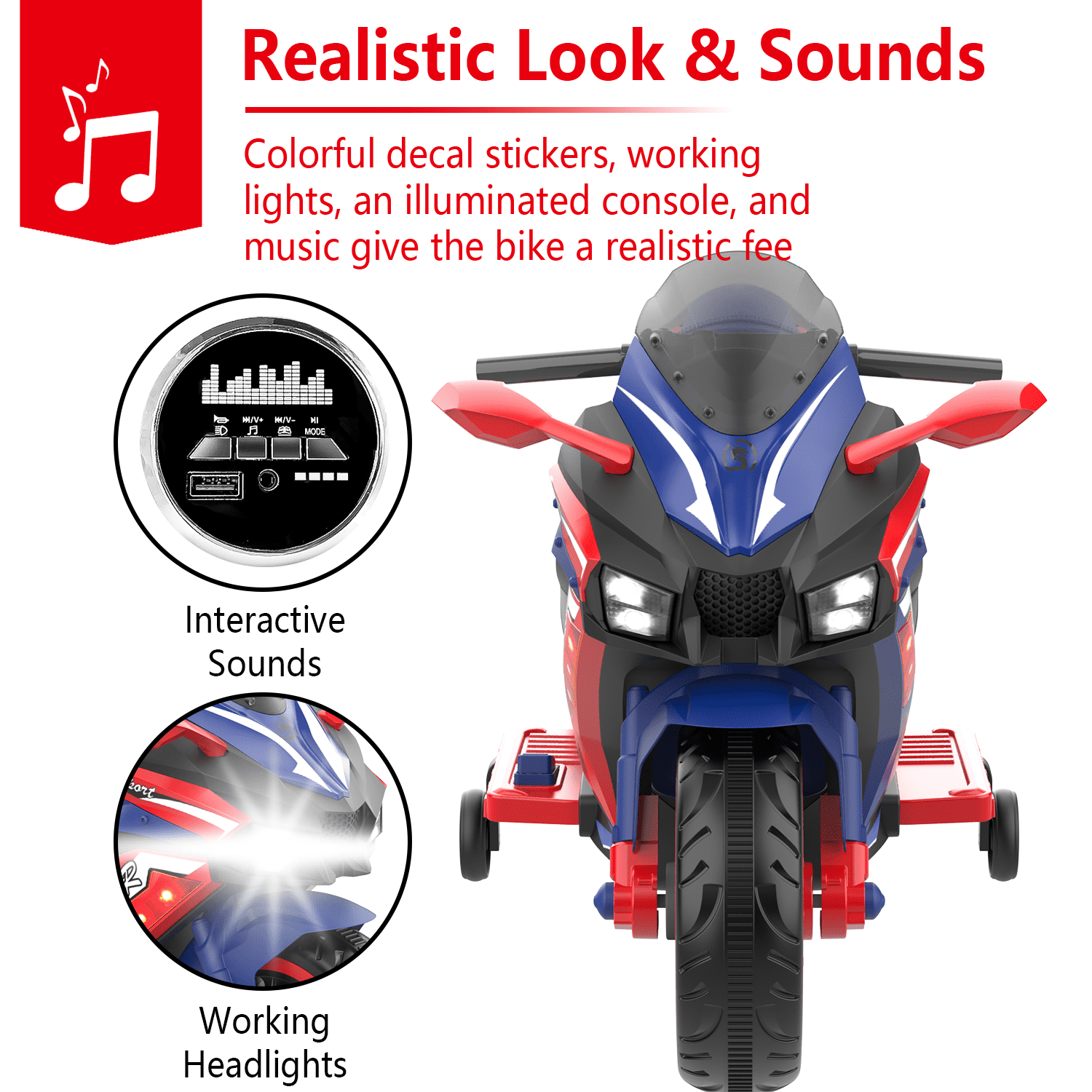 HNH 12V Ride on Motorcycle with Remote Control, Kids Electric Motorcycle with Music, Bluetooth, Lights