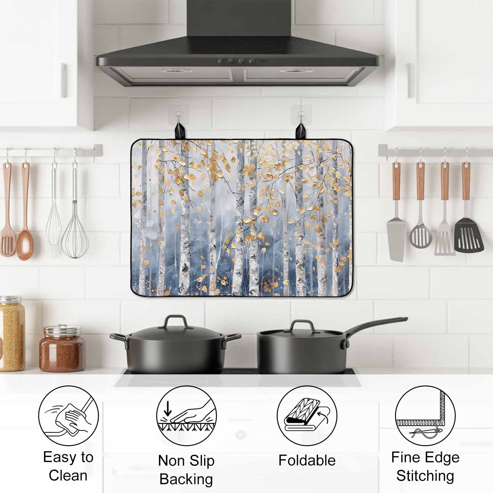 Yellow Blue Forest Stove Top Cover for Electric Stove, Heat-proof & Non Slip Glass Top Stove Cover Protector, Modern Oil Painting Art Kitchen Flat Cooktop Rubber Mat 36x21 Inches