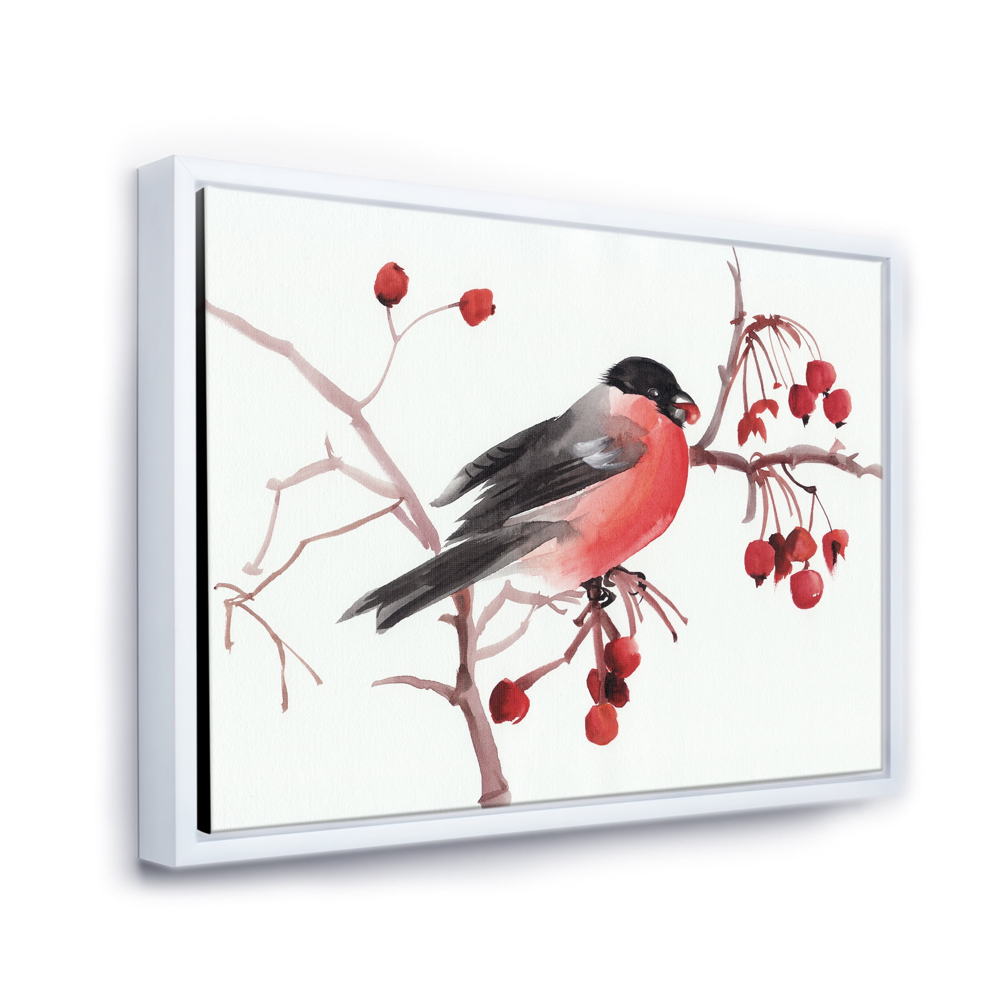 Designart 'Bullfinch Bird Sitting On A Branch' Traditional Framed Canvas Wall Art Print