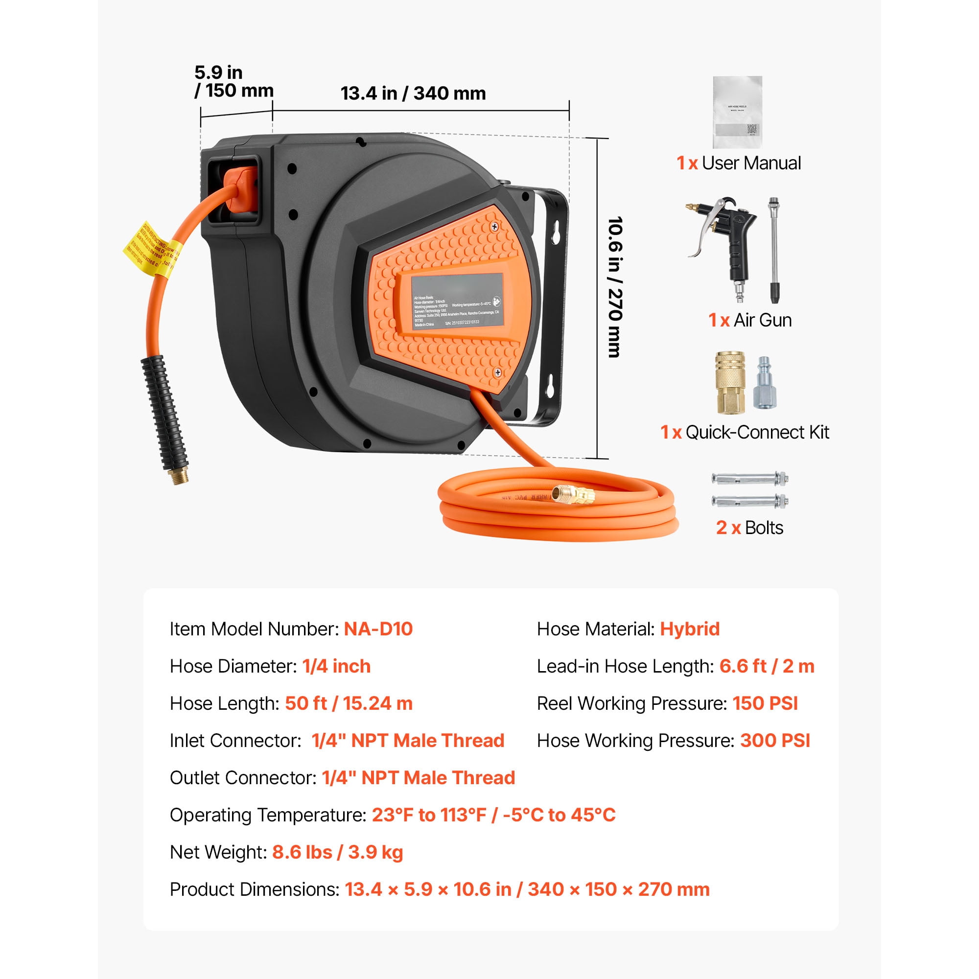 KFFKFF Retractable Air Hose Reel, 1/4 Inch x 50 FT Hybrid Hose, 300 PSI Max Pressure, Auto Rewind with 6.6 ft Lead-In Hose & Blow Gun, 180° Swivel Mount for Ceiling or Wall
