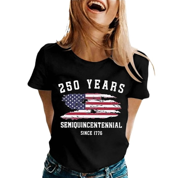 CUSTG Women O-Neck T-Shirts Graphic T Shirt Anniversary Letter Print Casual Round Neck Tee Tops For Daily Wear 4th Of July Classic Fashion Steetwear