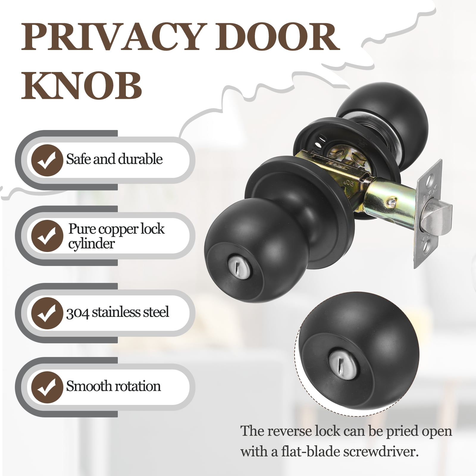 2 Pack Privacy Door Knob, Round Interior Door Handles Keyless Turn Lock Doorknob with Screws Fits 1.77"-2.56" Thickness for Bedroom, Bathroom Closets, Black
