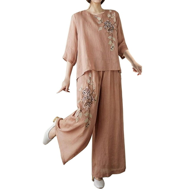 Wensltd Womens Embroidery Set Fashion Shirt Lightweight Wide Leg Pants Two Piece Set