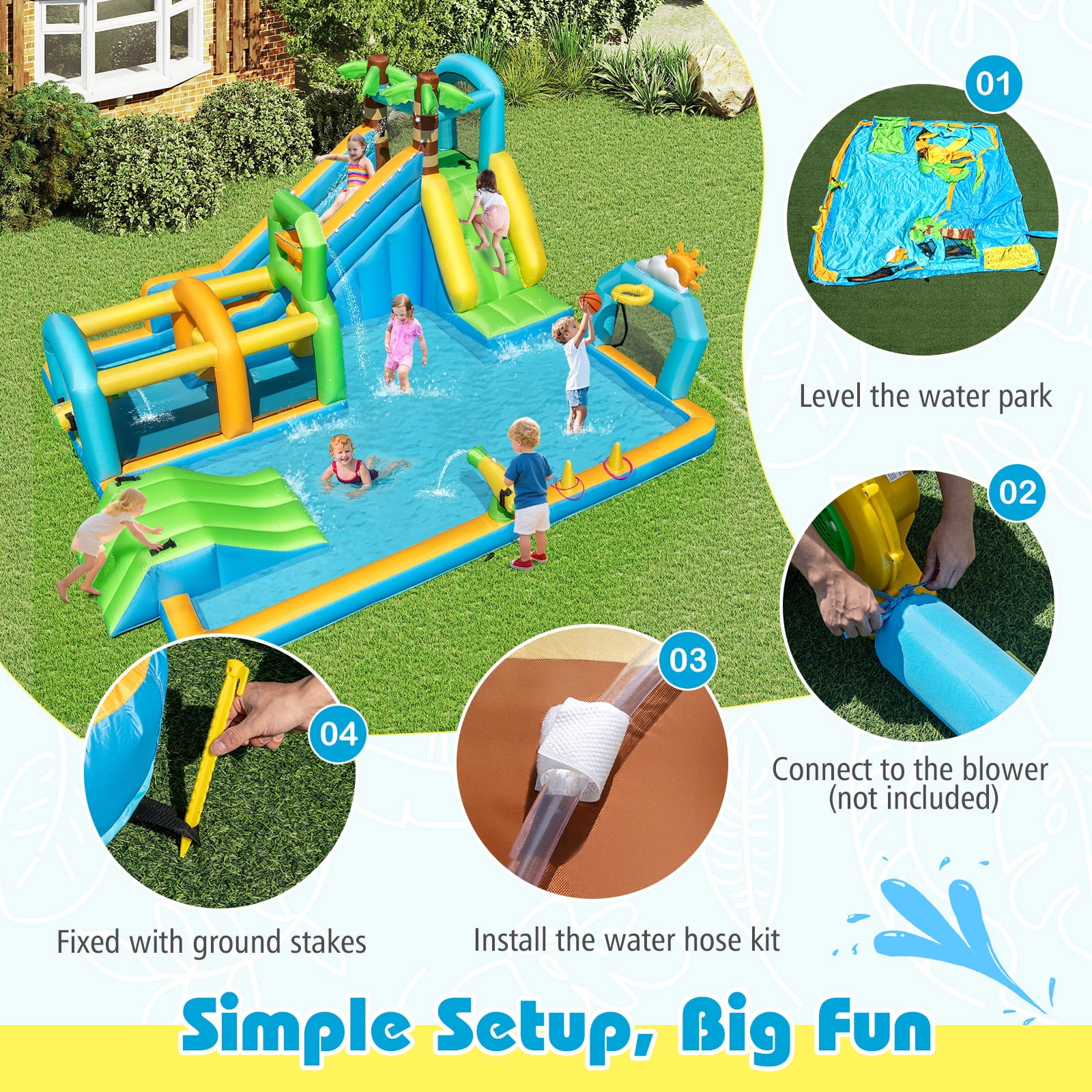 Costway Inflatable Water Park with Climbing Wall Basketball Rim Target Game Without Blower