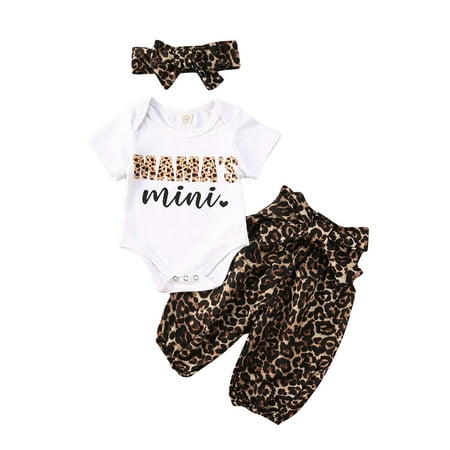 

Nokpsedcb 3Pcs Newborn Girl Pants Outfits Infant Letter Printed Short Sleeve Romper Leopard Printed Pants Bowknot Headband Sets White 3-6 Months
