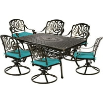 MEETWARM 7-Piece Outdoor Patio Dining Set, All-Weather Cast Aluminum Patio Conversation Set for Backyard Garden Deck with 6 Cushioned Swivel Rocker Chairs, 1 Rectangular Table, Ocean Blue