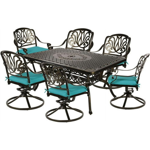 MEETWARM 7-Piece Outdoor Patio Dining Set, All-Weather Cast Aluminum Patio Conversation Set for Backyard Garden Deck with 6 Cushioned Swivel Rocker Chairs, 1 Rectangular Table, Ocean Blue