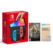 2021 New Nintendo Switch OLED Model Neon Red & Blue Joy Con 64GB Console HD Screen & LAN-Port Dock with Octopath Traveler And Mytrix Joystick Caps & Screen Protector