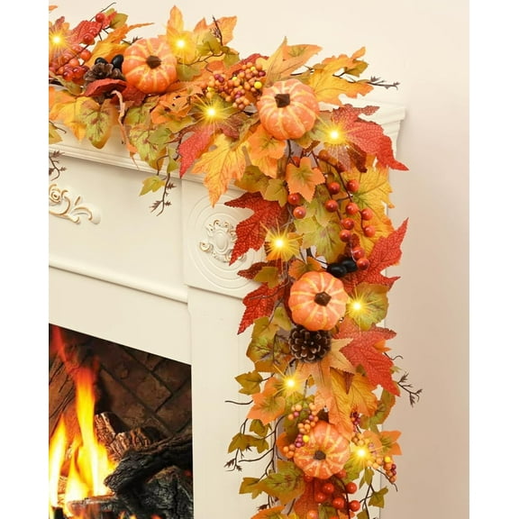 5.9 FT Exquisite Fall Mantle Garland Set: Artificial Maple Leaves & Pumpkins for Gorgeous Home Front Door/Fireplace Centerpiece Thanksgiving Decor