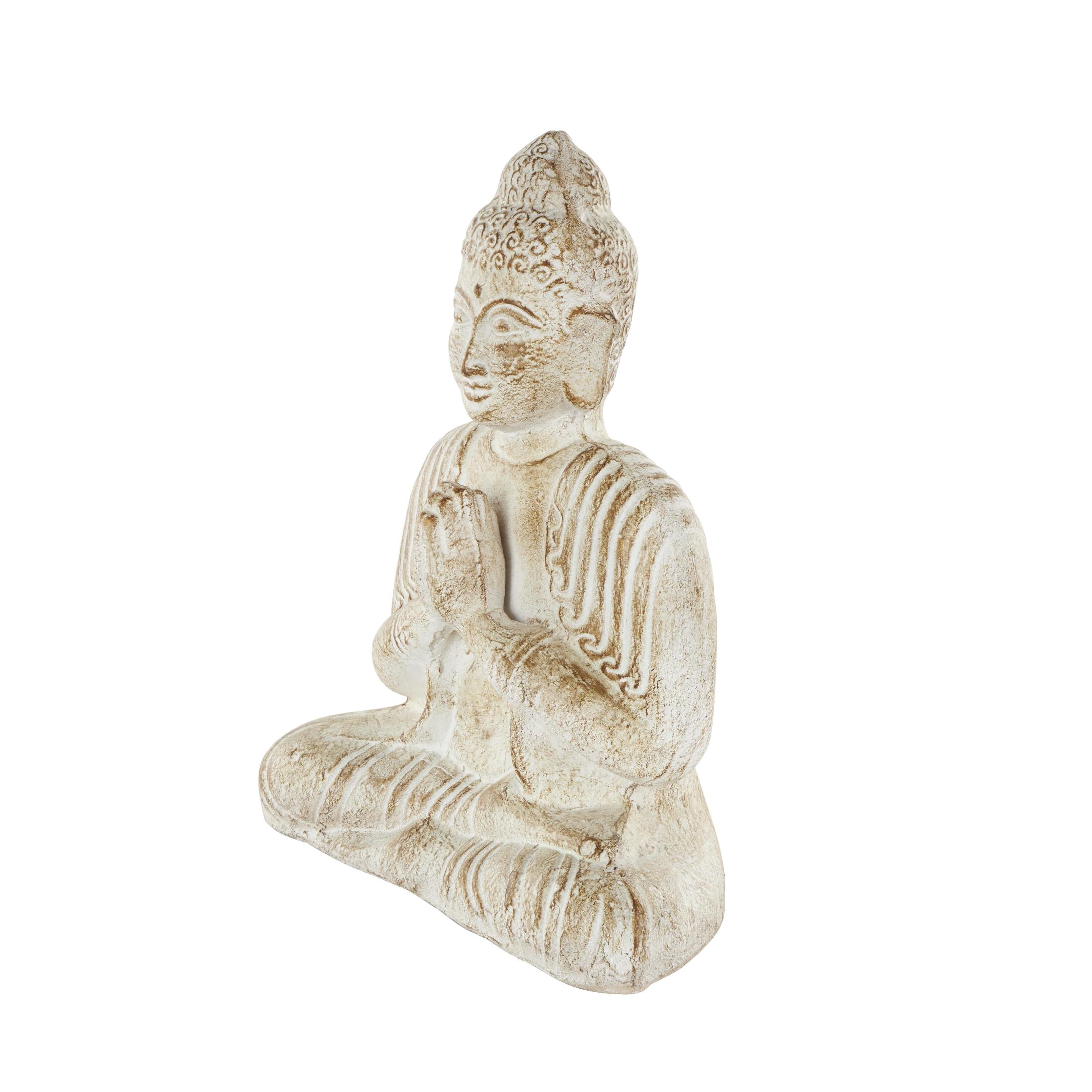 13" x 16" Cream Paper Mache Handmade Carved Buddha Sculpture with Brown Distressing, by DecMode