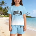 thumbnail image 2 of oqasdz Toddler Children Girls Summer Outfits Short Sleeve Gradient Color Letter Print Drawstring Shorts Set Casual Beach Vacation Outdoor Fashion Clothes,Sky Blue,7-8 Years, 2 of 5