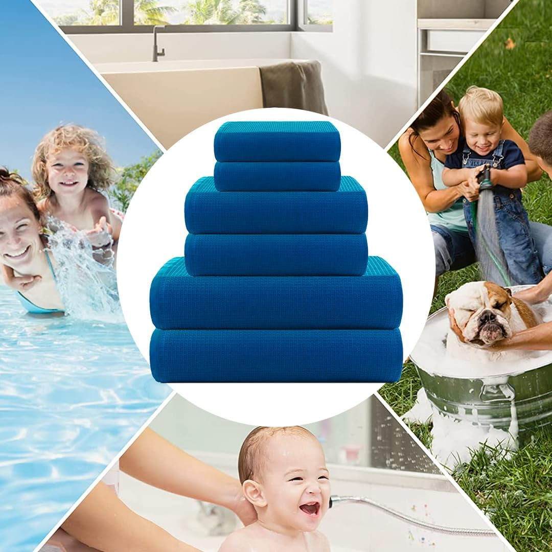 CASA COPENHAGEN Waffle Towel, 6Pieces 100% Cotton Large Towel Set- Electric Blue, 2Bath 2Hand 2Washcloths Instant Absorb and Dry, Soft Strong Towels for Hotel Spa Kitchen Bathroom & Shower