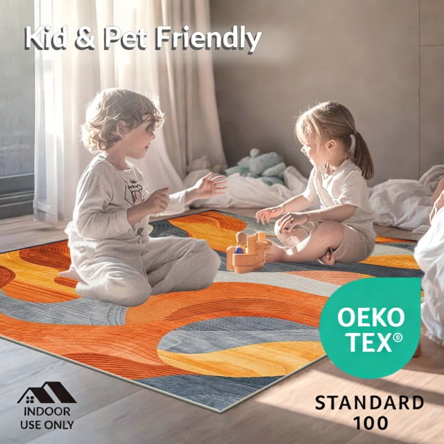 ODIKA 8'x10' Machine Washable Non-Slip Area Rug, Chic Abstract in Burnt Orange and Slate Grey Design High Traffic Rug, Orange, 104662
