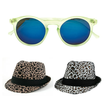 POP Fashionwear  Winter Leopard Print Fashion 2-piece Fedora Set w/Bonus Sunglasses 1 Tan and 1 White Fedora and Sunglasses