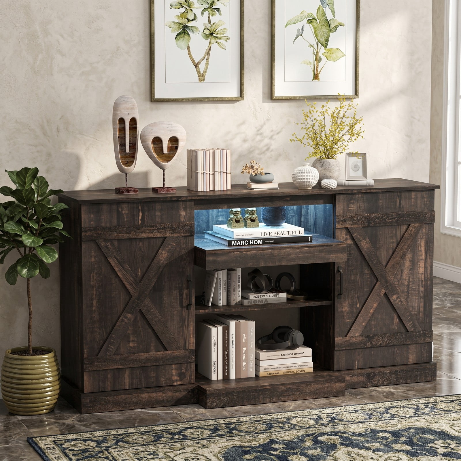 Furnibear 58 Inch Fireplace TV Stand for TVs up to 65 Inch, Rustic Wood Grain Entertainment Center with 20 Color LED Lights, Adjustable Shelves and 2 Cabinets, Brown