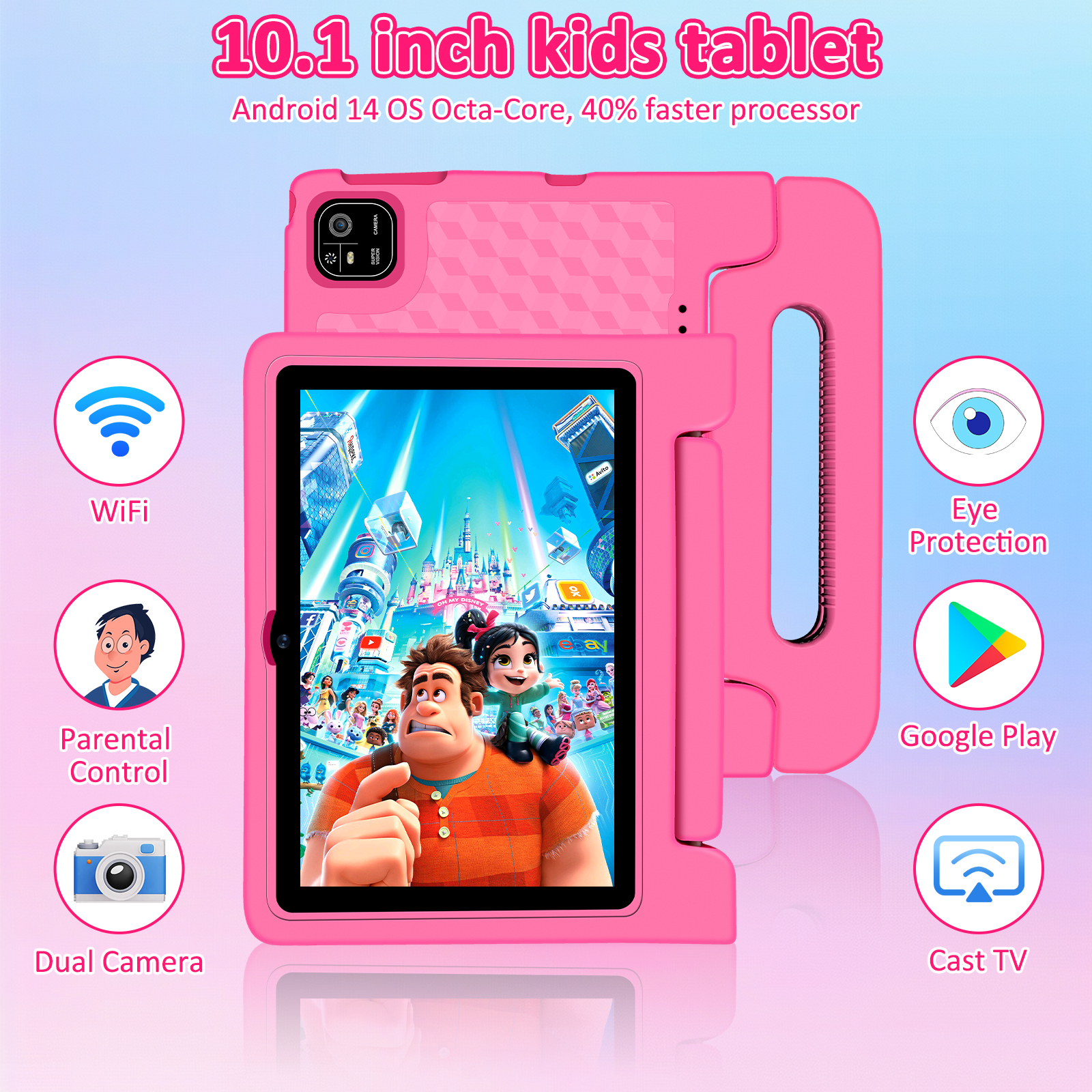 Kids Tablet, 10.1 inch Tablet for Kids IPS HD Screen RAM 8GB 64GB Storage, J10 Pro Toddler Tablet with Protective case - Pink
