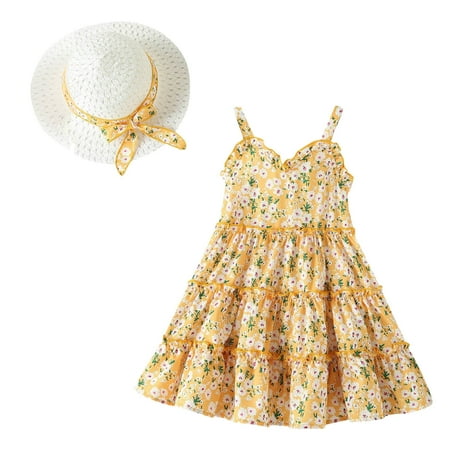 

JDEFEG Party Dress for Girls Toddler Girls Fashion Summer Flower Dress Babys Kids Tutu Dress with Sun Hat Girls Sling Cake Dress Floral 2Pcs Outfits Big Girl Flapper Dress Orange 130