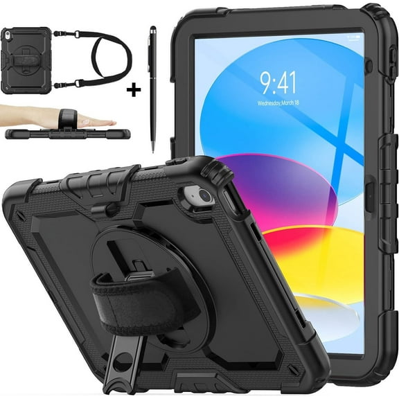 Case for iPad 10th Generation 10.9 Inch 2022 A2696 A2757 A2777 Full Body Shockproof Cover with Screen Protector Pen Holder Stand Hand Shoulder Strap Stylus Pen