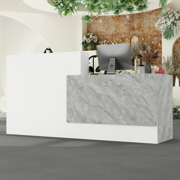 KULAGAGA Reception Desk with Counter, 86.6 inch Wide Front Desk Modern Reception Room Table, Checkout Counter Table, Salon Reception with Stone Pattern Decor