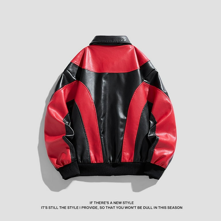 福袋 オンライン IYTR Men's Slim Zipper Black Red Jacket Leather PU Clothing