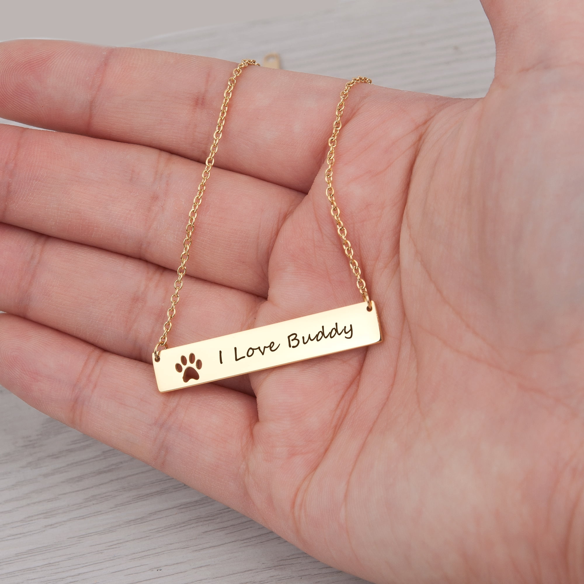 Personalized Gold Paw Print Bar Necklace Birthday Day Gift for Mom Stainless Steel Name Jewelry