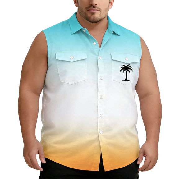 CONZONE Men's Sleeveless Buttons Down Shirts Plus Size Shirts for Men Trendy Hawaii Graphic Lapel Soft Lightweight Summer Tops