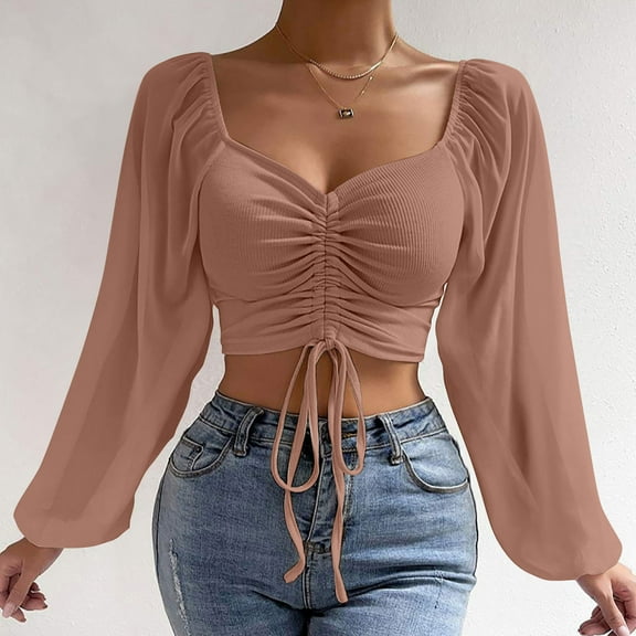 Sakmal Womens Flutter Shirt Mesh Long Sleeve Brown Drawstring Shirts Crop Deep V-Neck Blouses Summer Tops