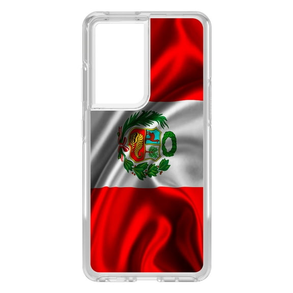 DistinctInk Clear Shockproof Hybrid Case for Galaxy S21 ULTRA 5G (6.8" Screen) - TPU Bumper, Acrylic Back, Tempered Glass Screen Protector - Peru Waving Flag - Show Your Love of Peru
