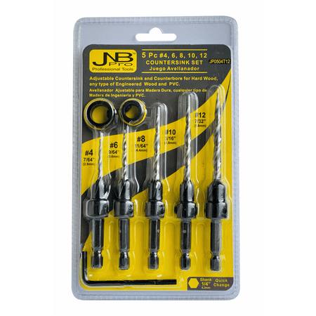

JNB Pro Wood Countersink Drill Bit Set - 5 Pc Adjustable Countersink Bit #4(7/64 ) #6(9/64 ) #8(11/64 ) #10(3/16 ) #12(7/32 ) - Tapered Drill Bits - 2 Adjust. Collar 3/8 & 1/2 - 1 Hex Wrench - 1/4