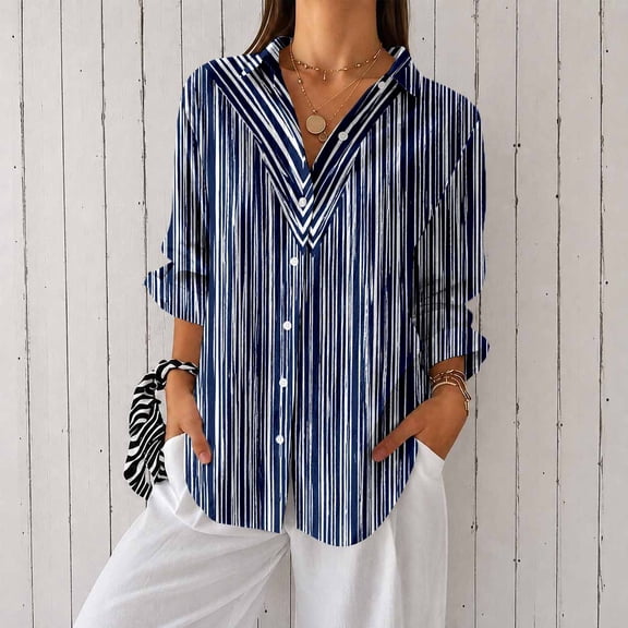 Women's Plus Size Chevron Stripe Print Button Down Shirt, Long Sleeve Collared Casual Blouse