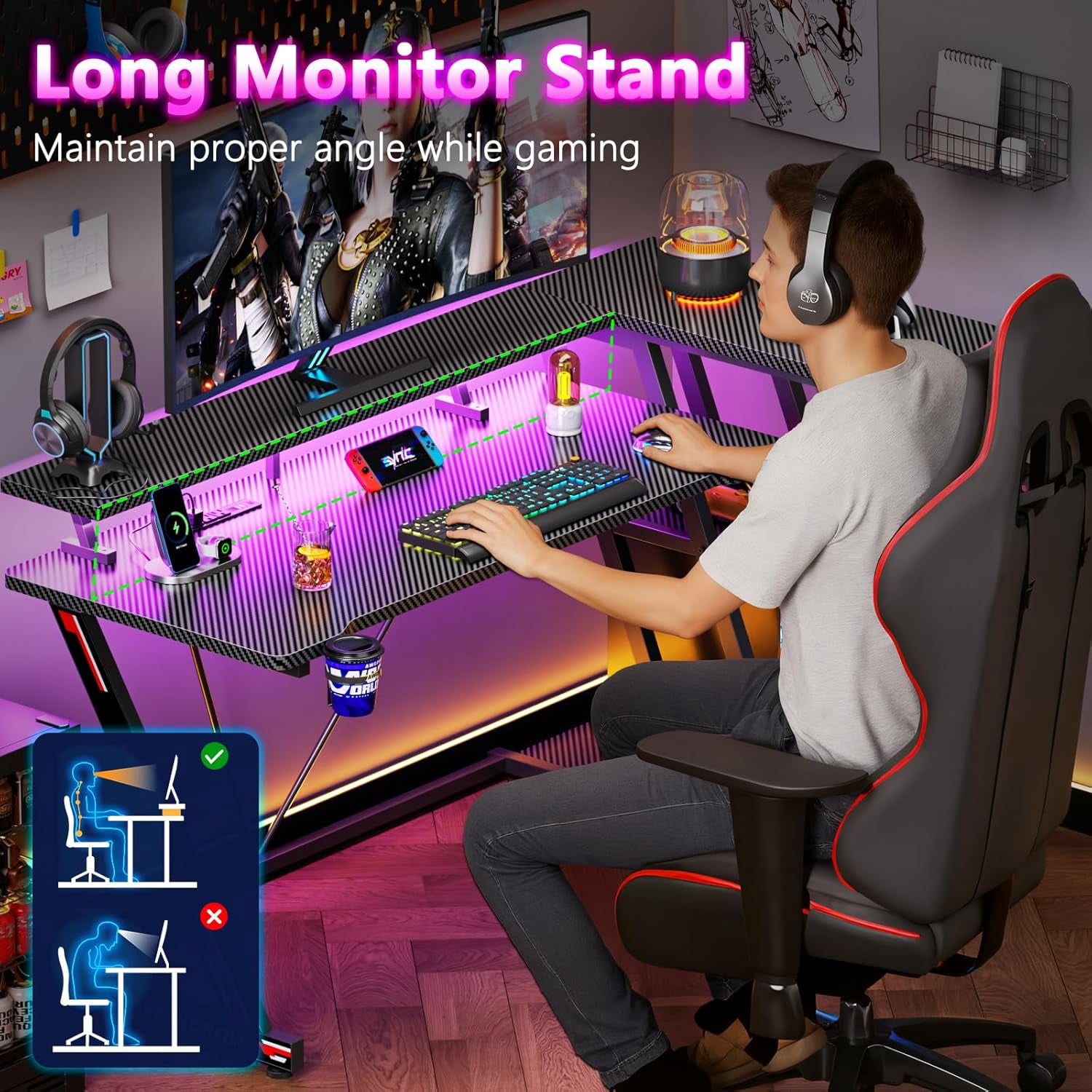 Librala 40 Inch Gaming Desk with Power Outlet & LED Lights, L Shaped Computer Gaming Table with 3 Tiers Storage Shelves, Corner Gamer Desk with Monitor Stand for Small Space, Carbon Fiber Black