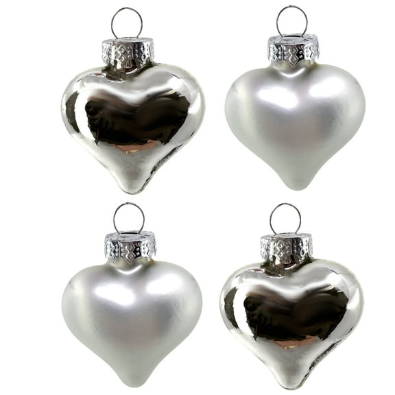Blown Glass Hearts - Set of 4 Silver Hearts Christmas Tree Holiday Decoration, 2 inch