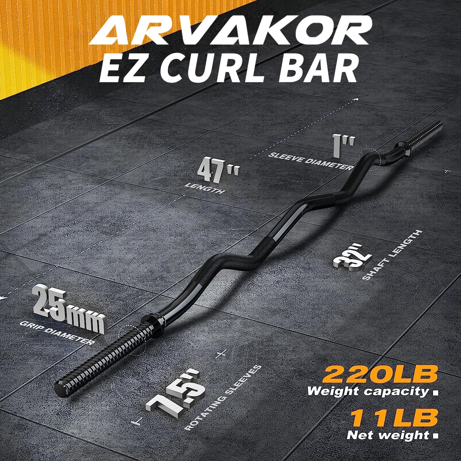 ARVAKOR 47" EZ Curl Bar Weight Lifting Bar with 2 Star Collars, 1-inch Weight Plates Curling Bar for Gym and Home, Black