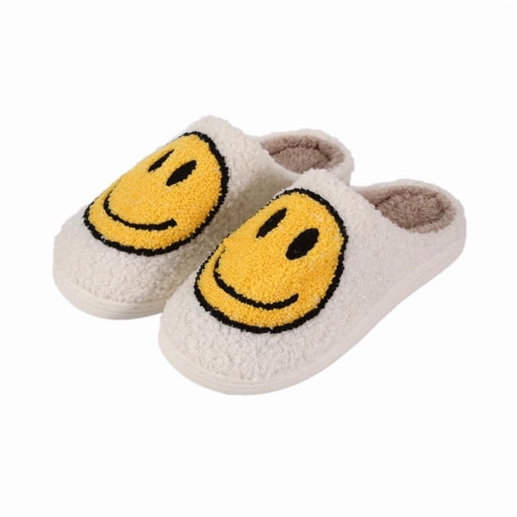Cute Smile Face Slippers, Retro Soft Plush Furry Fluffy Indoor Outdoor Comfy Warm Fleece Lined Fuzzy Slip-on with Memory Foam Happy Face Slippers Cartoon Non Slip Smile Slippers for Winter