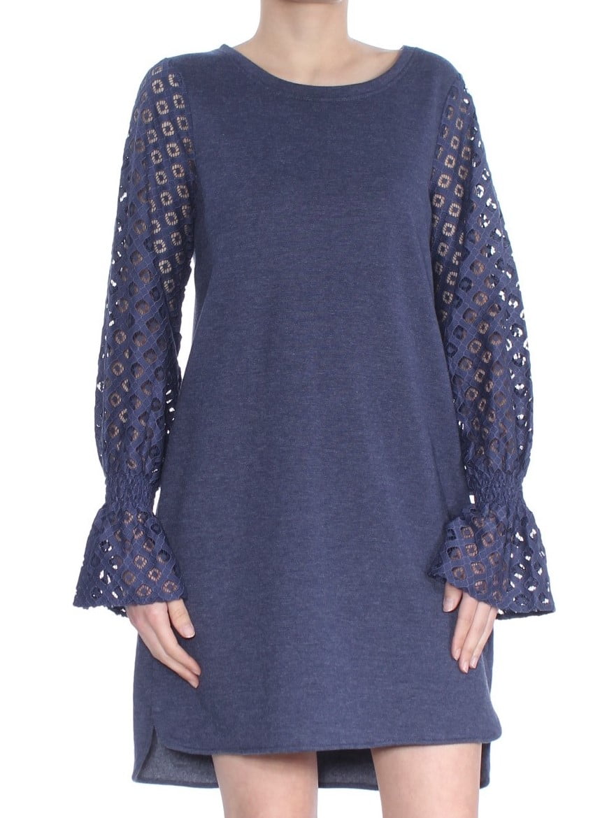 Kensie KENSIE Womens Navy Lace Long Sleeve Jewel Neck Above The Knee Shift Evening Dress Size