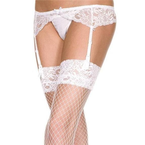 Lace top diamond net spandex stockings and lace garterbelt (G-string not included) 7710-WHITE
