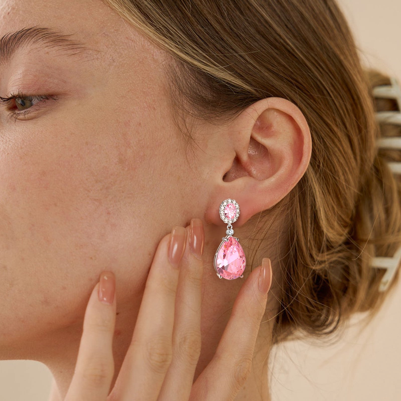 Juwaliy 10Ct Pink Women Dangle Earrings Teardrop October Birthstone Tourmaline Earring Jewelry 925 Sterling Silver Mom Birthday Christmas Valentine's Day Gift