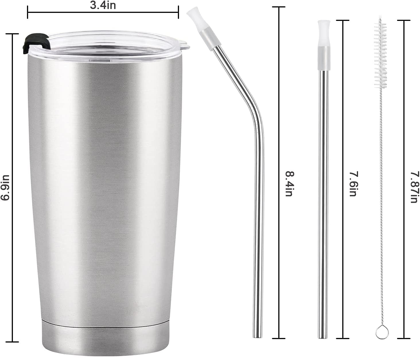 Gingprous 8 Pack 20 oz Stainless Steel Travel Tumblers with Lids Straws ,  Vacuum Insulated Coffee Cup ，Silver 