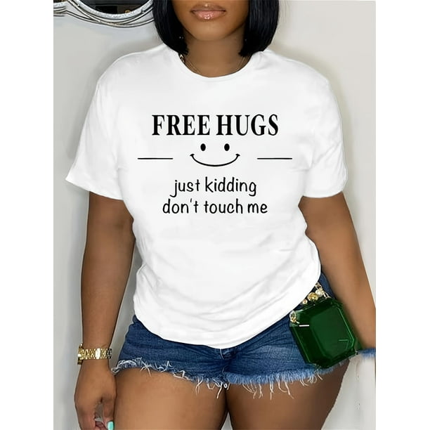 FREE HUGS Print T-shirt, Casual Short Sleeve Crew Neck Top For Spring & Summer, Women's Clothing Tee For Adult, Men, Women, Teen, Teenager, Adolescent, Youth