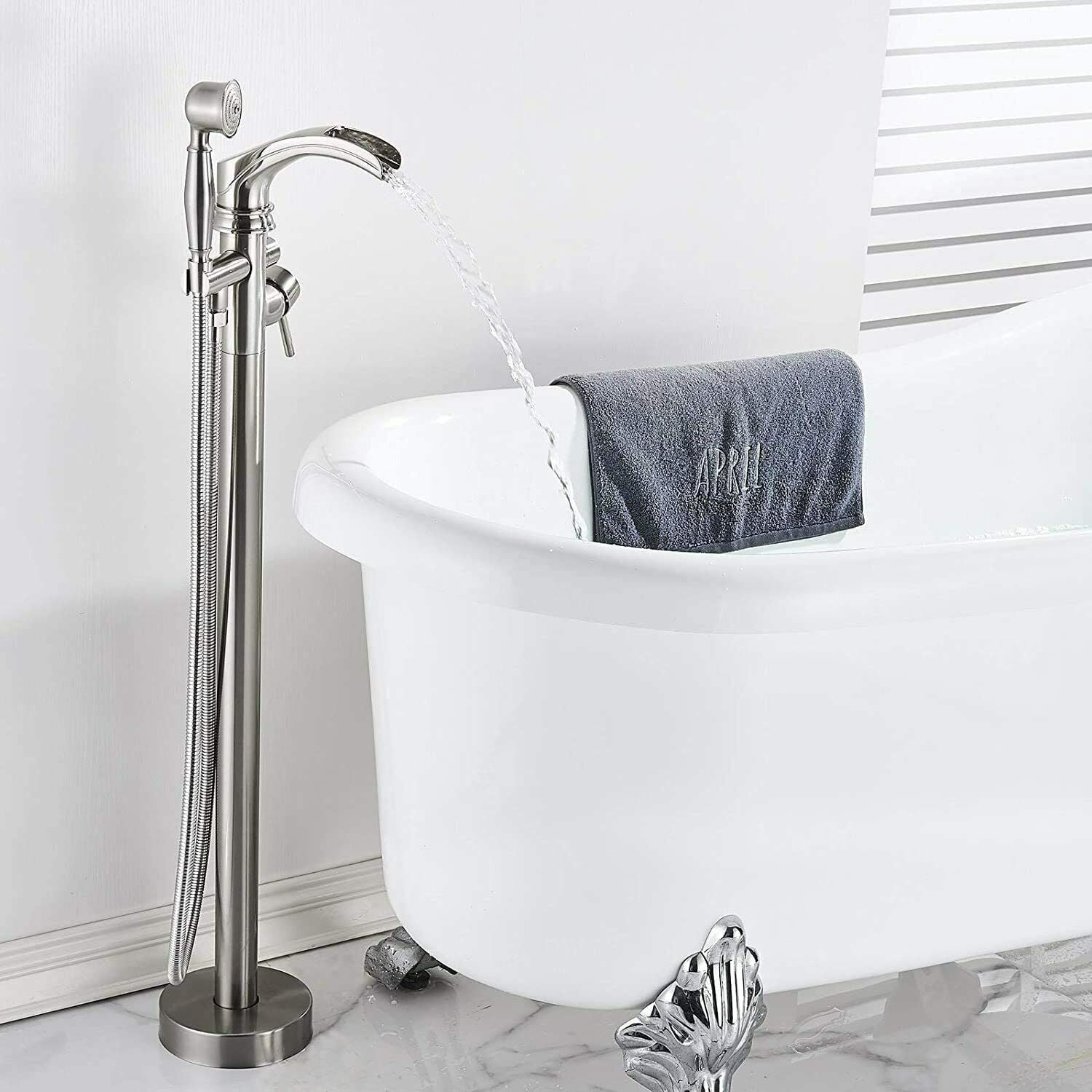 Brushed Nickel Freestanding Bathtub Faucet Floor Mount Bathroom Tub Filler Spout