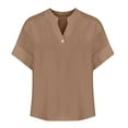 thumbnail image 3 of V-Neck T-Shirt for Women Pluse Size Linen Summer Tops Casual Loose Front Button Short Sleeve Pullover Blouses Tees Shirts New Brown 5XL, 3 of 4