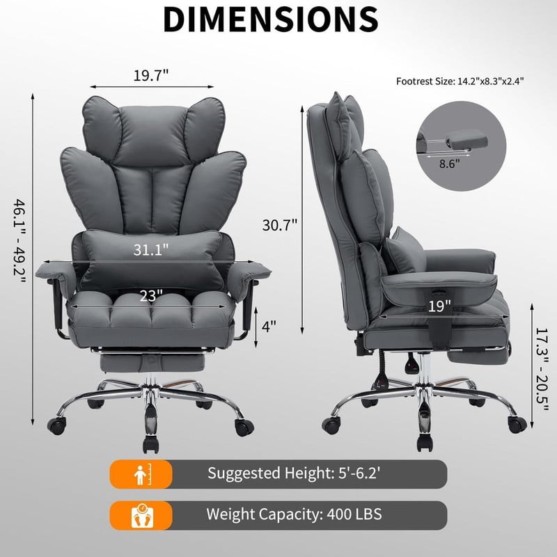 Office Chair with Footrest, 440LBS Capacity Big and Tall Executive Chair, Ergonomic High Back Desk Chair with Reclining Function, Faux Leather Computer Chair for Home Office
