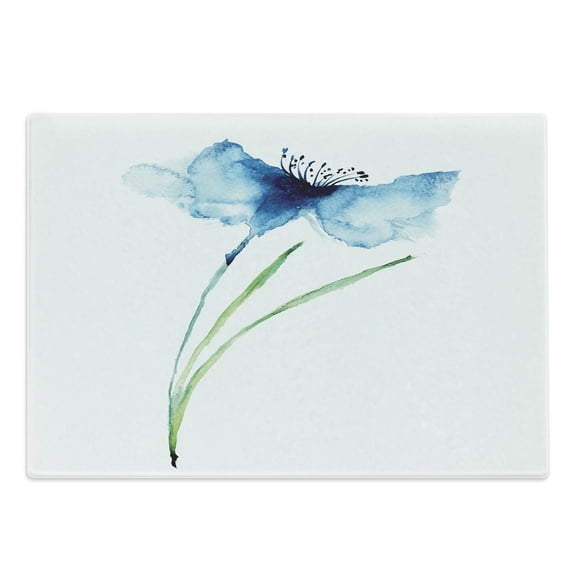 Watercolor Flower Cutting Board, Cornflower Summer Botanic Floral Blooming Plants Print, Decorative Tempered Glass Cutting and Serving Board, Large Size, Navy Blue White Green, by Ambesonne