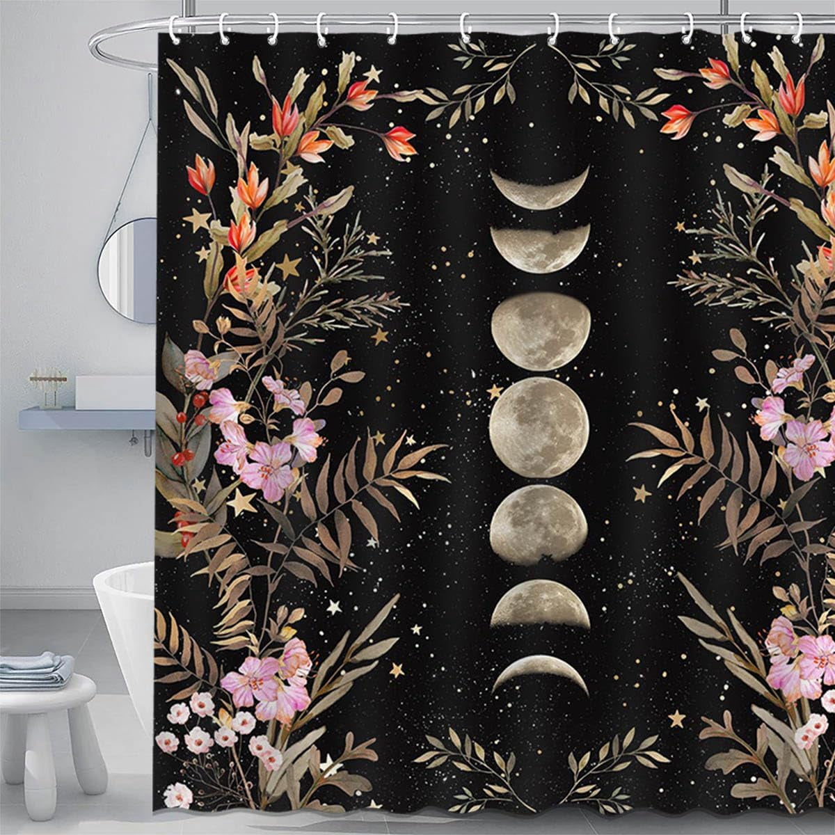 Moon Shower Curtain Floral Shower Curtain with 12 Hooks Black Witchy Gothic Aesthetic Bathroom Decor Waterproof Fabric Shower Curtain, 72''''X72''''